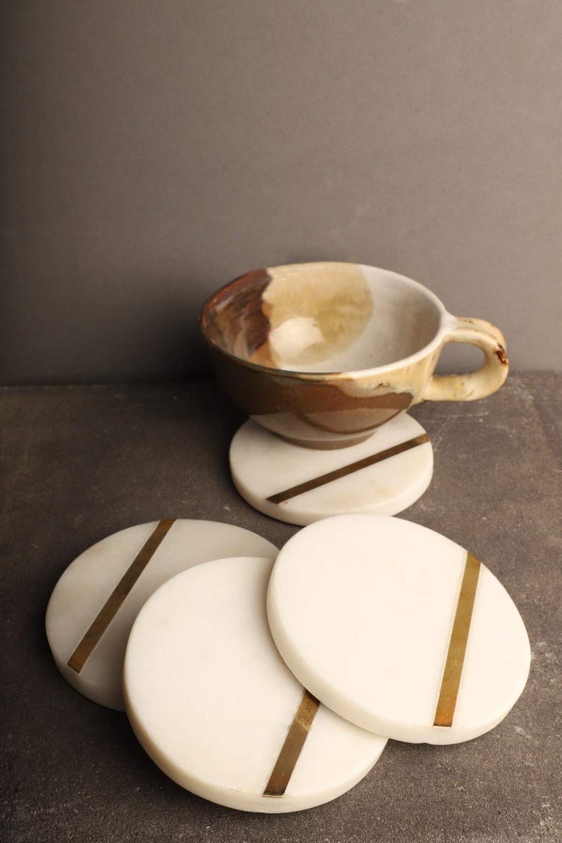 GoCraft Handcrafted White Marble Coasters with Brass Lining â€“ Set of 4 â€“ Decorative Drink Coasters for Coffee, Wine Glasses, Beverages, and Barware â€“ Durable and Elegant for Home & Office - Image 2